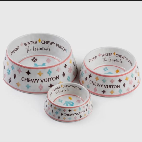 Chewy Vuiton Bowls & Mat Set (White) - Picture 2 of 3